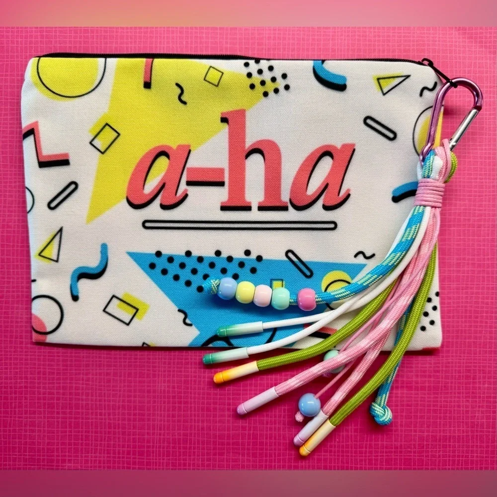 New A-ha Band Retro 80s Style Makeup Cosmetic Tech Pencil Bag w/ Keychain - 8.5”